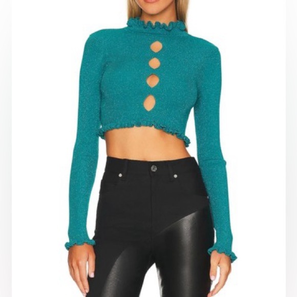 NWT For Love & Lemons Lorelei Cropped Ruffle Sweater Size Extra Small XS Teal - Picture 1 of 8